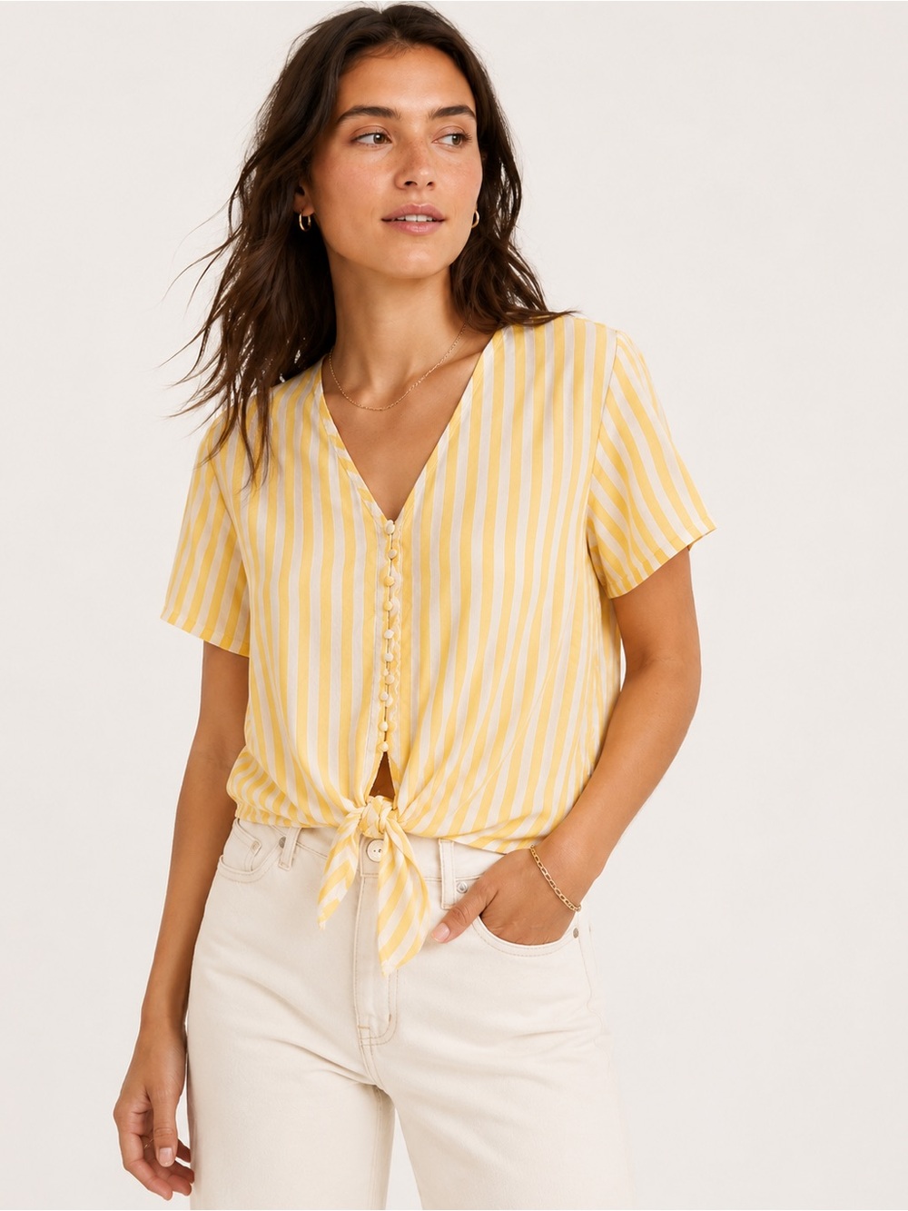 Madewell Striped Yellow White Tie-Front V-Neck Top Buttons Cottage-core XS
